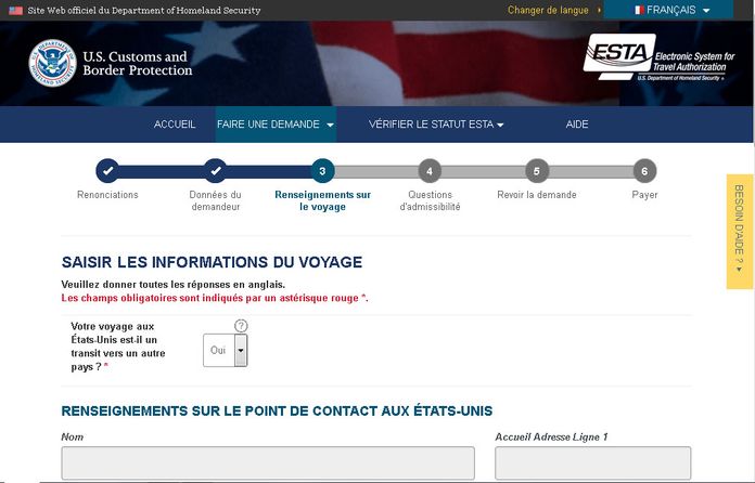 esta transit USA Capture d'écran du site officiel de l'ESTA