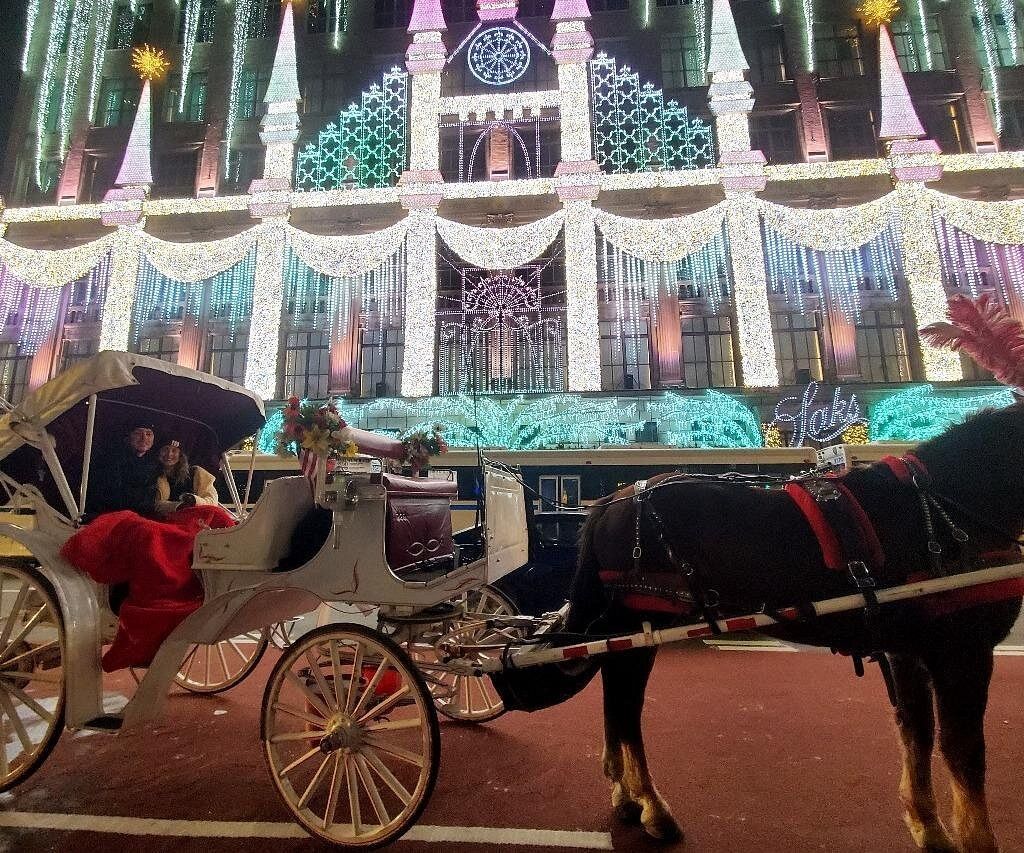 Couple dans une calèche devant les illuminations de Noël à New York