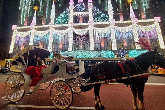 Couple dans une calèche devant les illuminations de Noël à New York