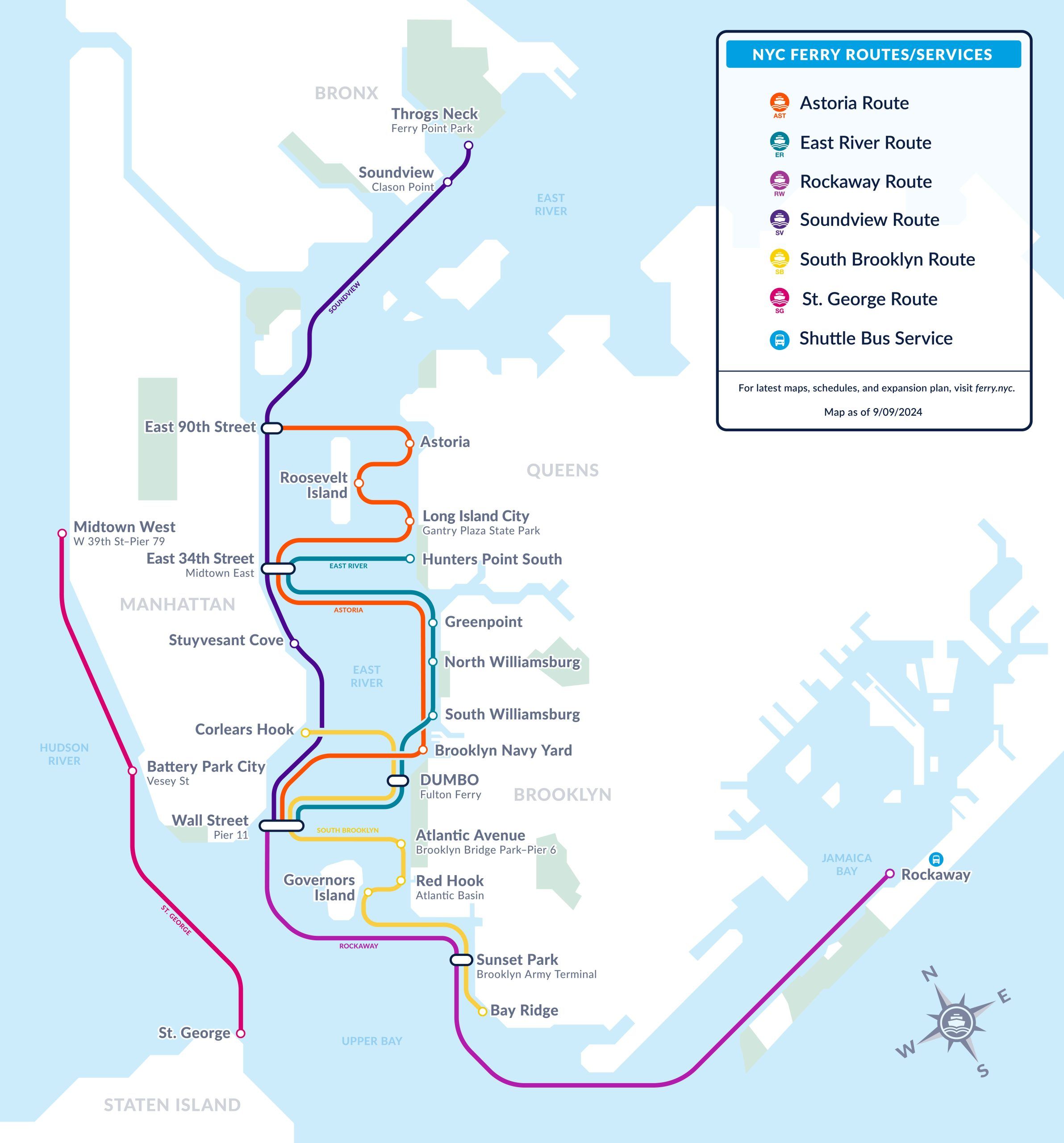 Plan des lignes de la compagnie NYC Ferry à New York