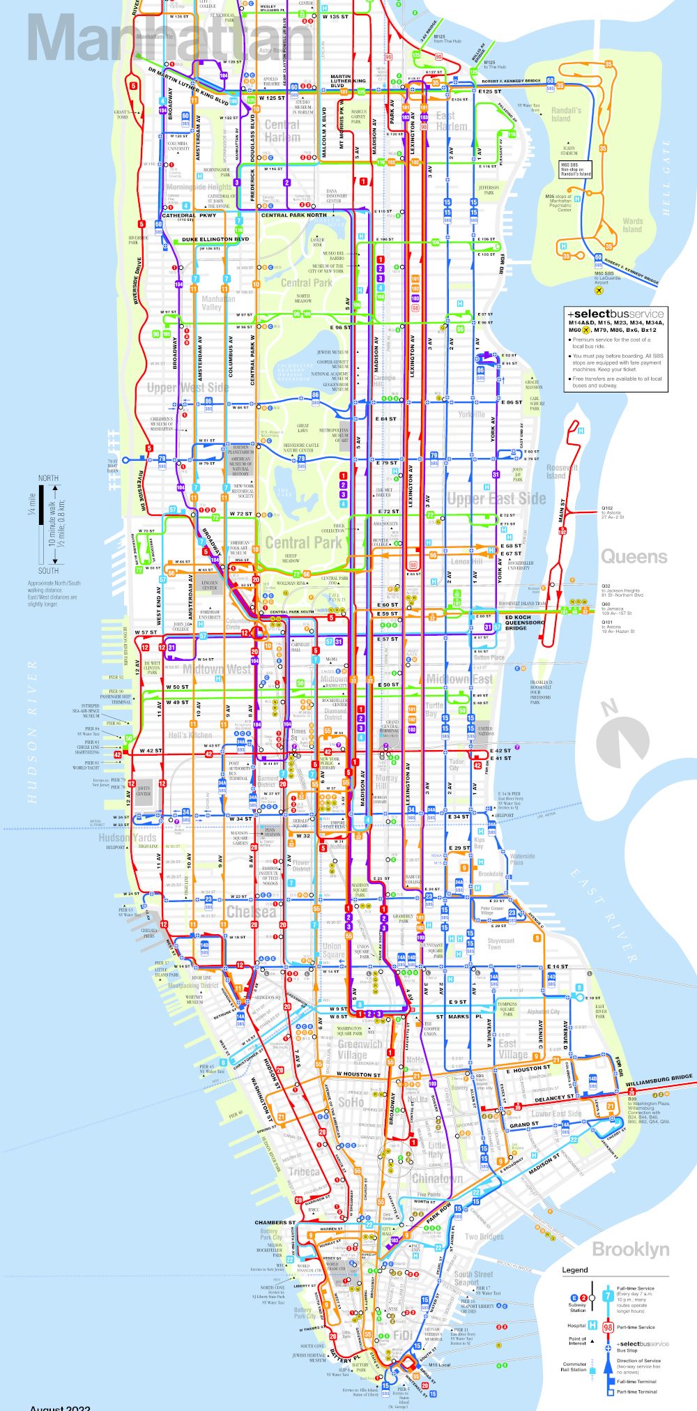 Plan des itinéraires des bus dans Manhattan en 2025