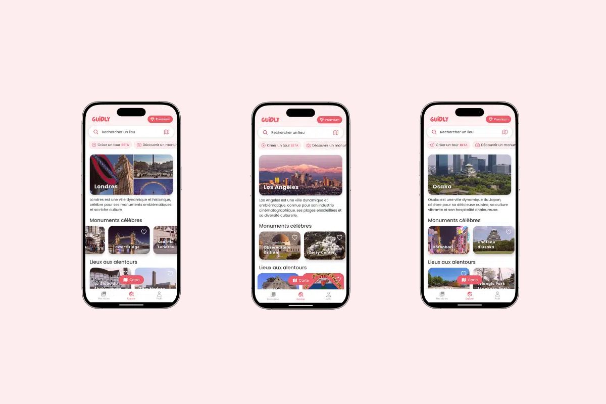 Captures d'écran d'audioguides sur des smartphones