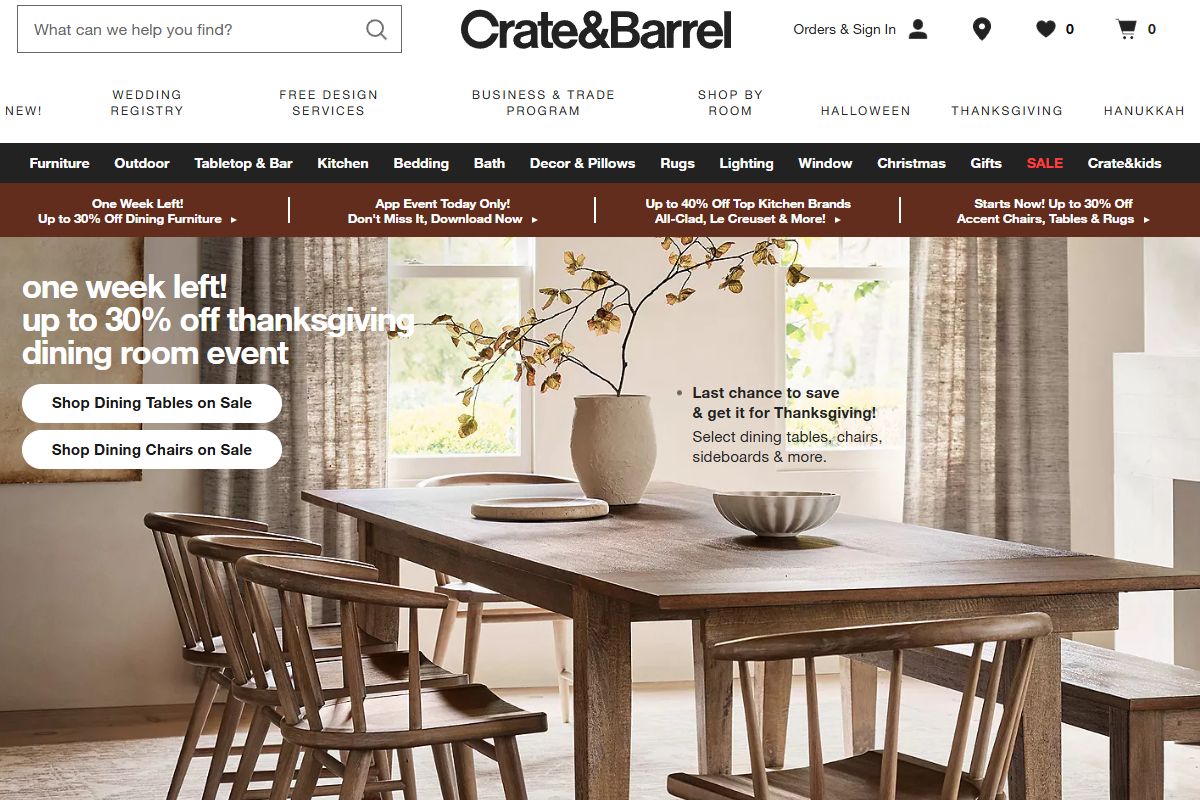 Capture d'écran du site Internet de Crate & Barrel