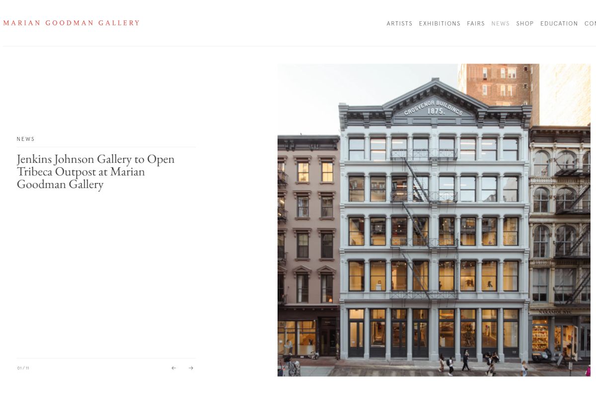 Capture d'écran du site de la galerie d'art Marian Goodman à New York