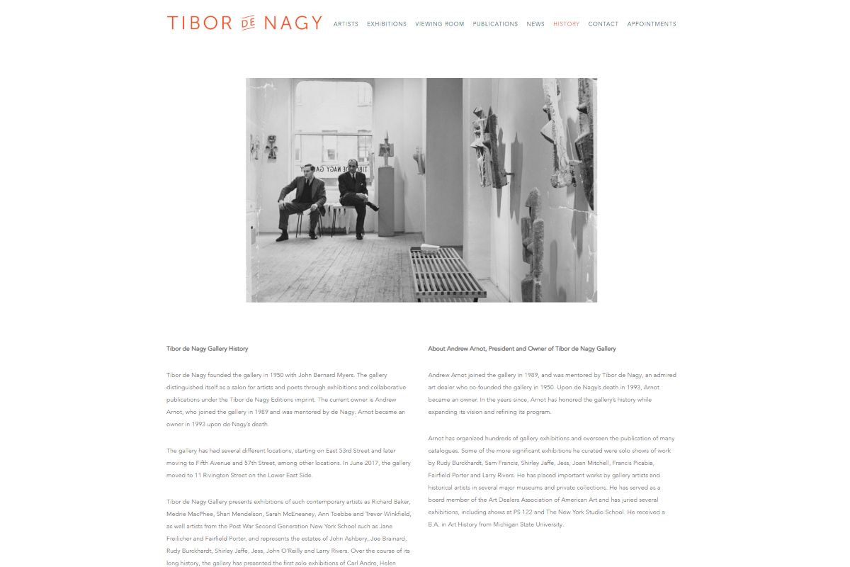 Capture d'écran du site de la galerie d'art Tibor de Nagy