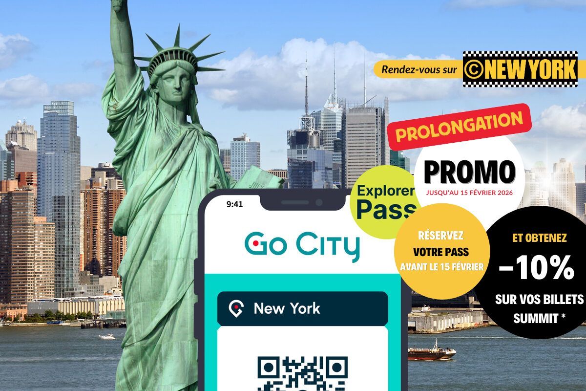 Vue de New York avec le logo du New York Explorer Pass
