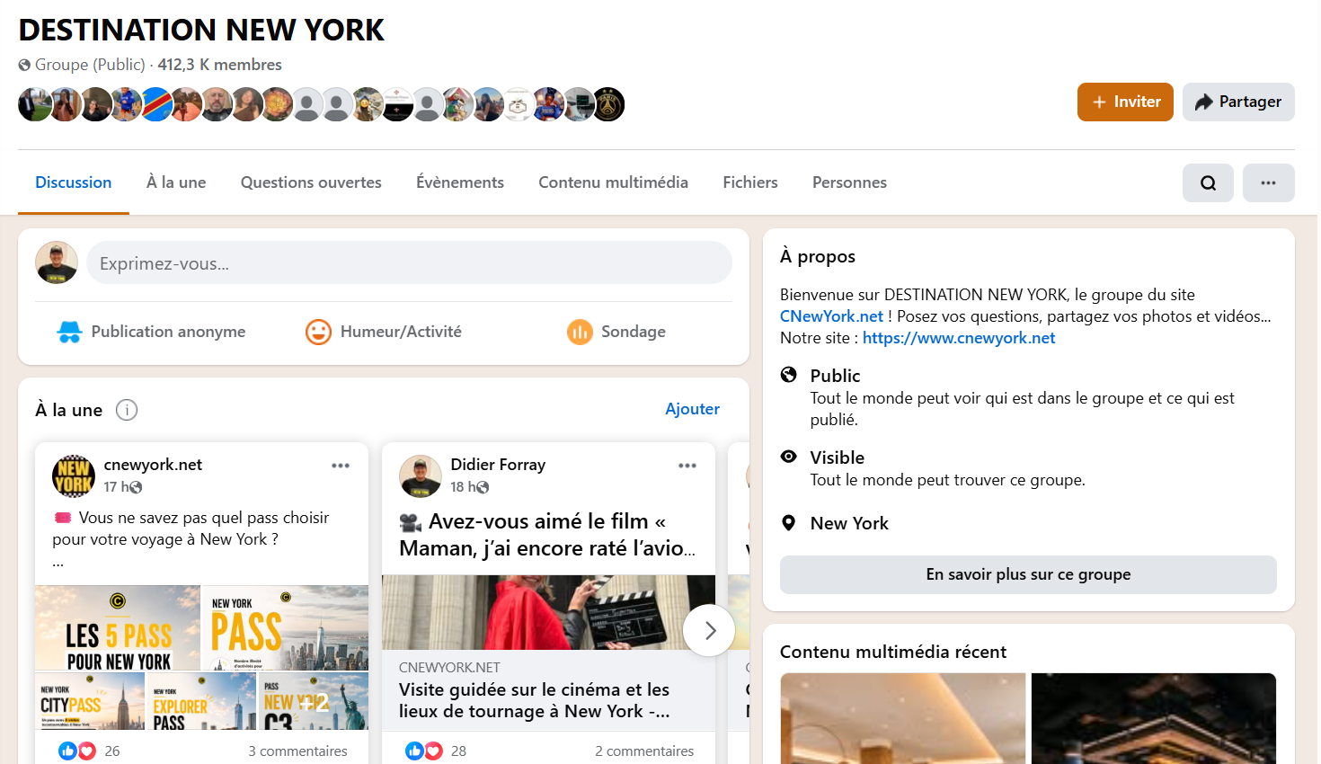 Capture d'écran du groupe Facebook Destination New York