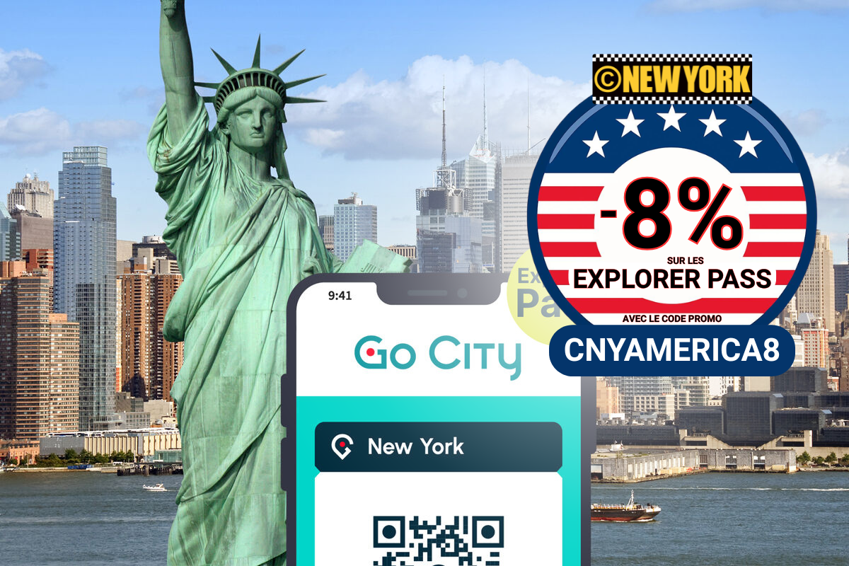 Vue de New York avec le logo du New York Explorer Pass