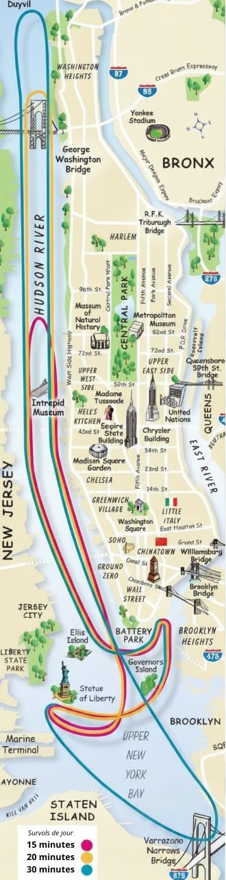 Carte représentant le parcours des différents vols en hélicoptère à New York.