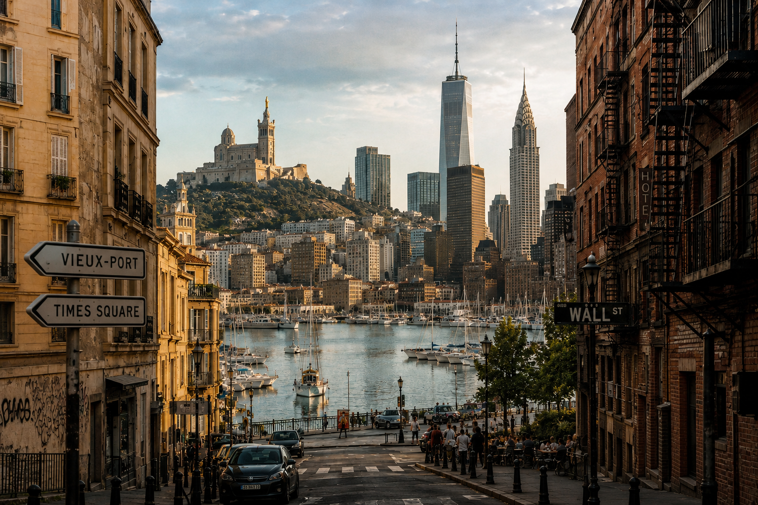Vue artistique mêlant Marseille et Manhattan