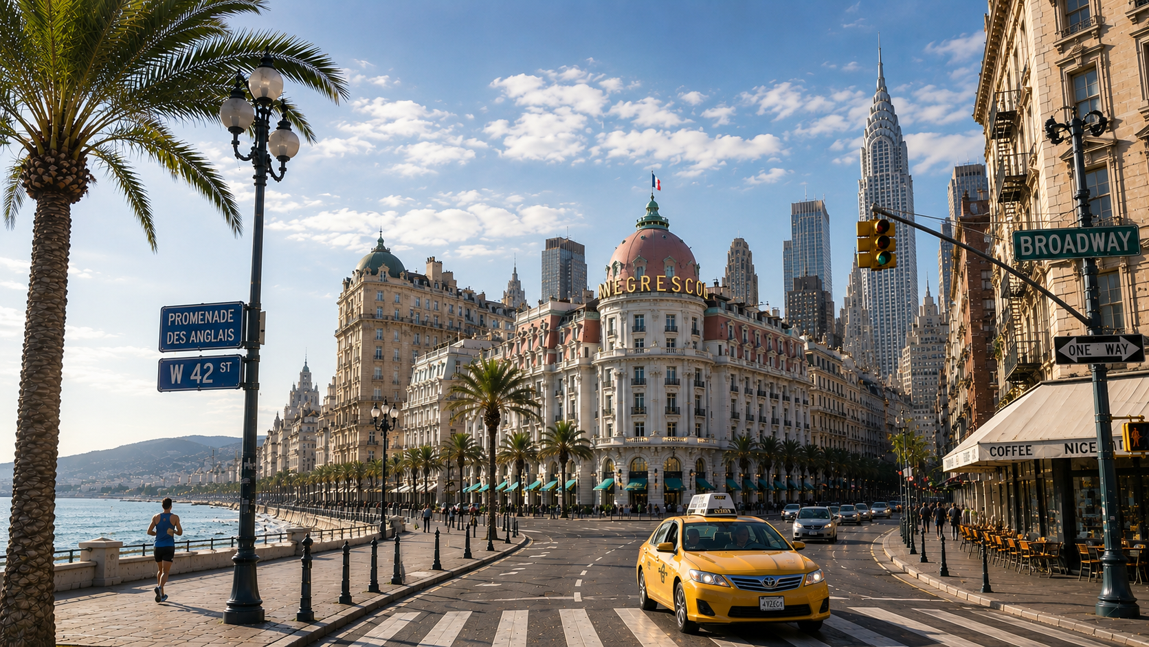Vue d'artiste de Nice et New York sur une seule image via l'AI