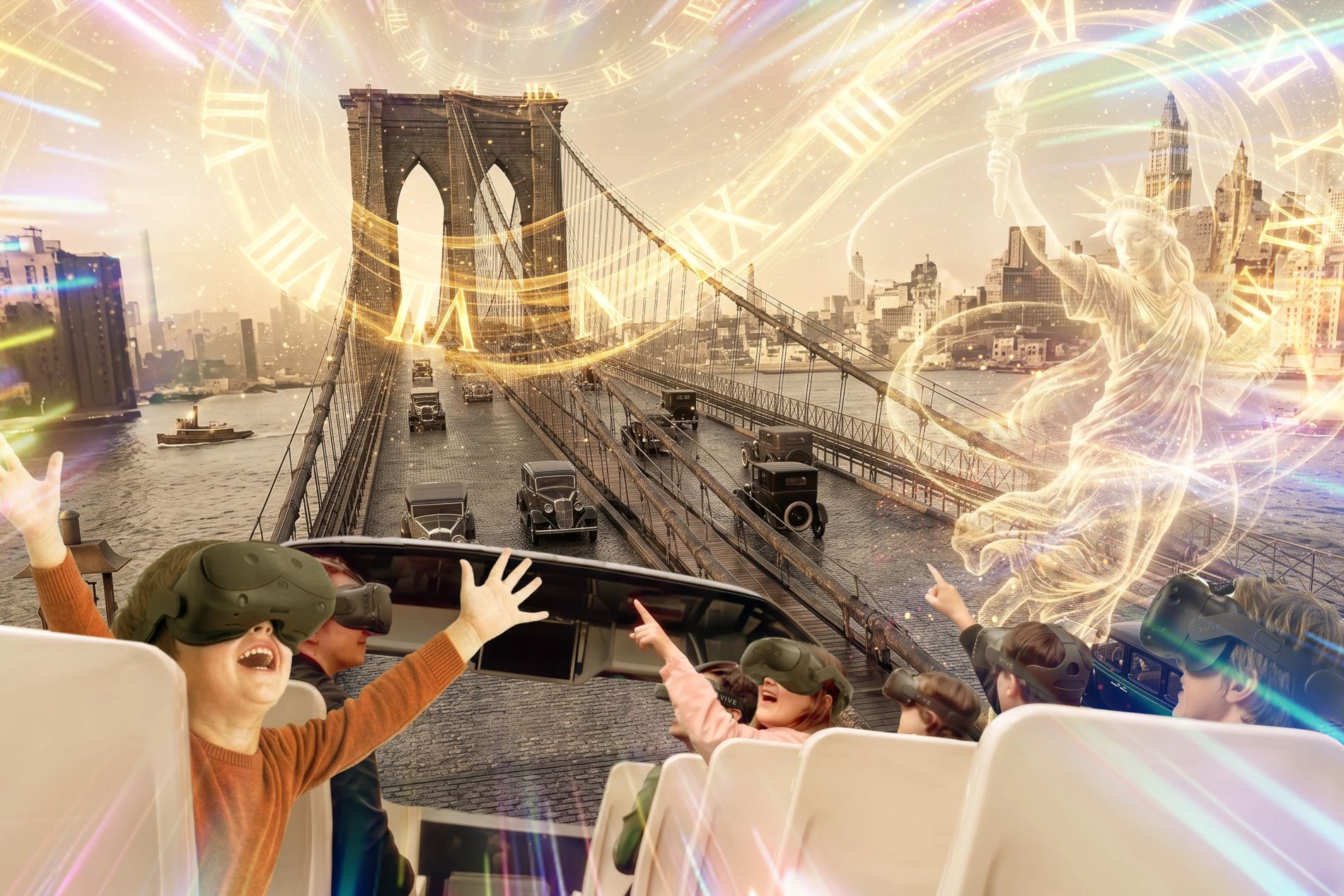 Touristes découvrant la réalité augmentée sur le pont de Brooklyn