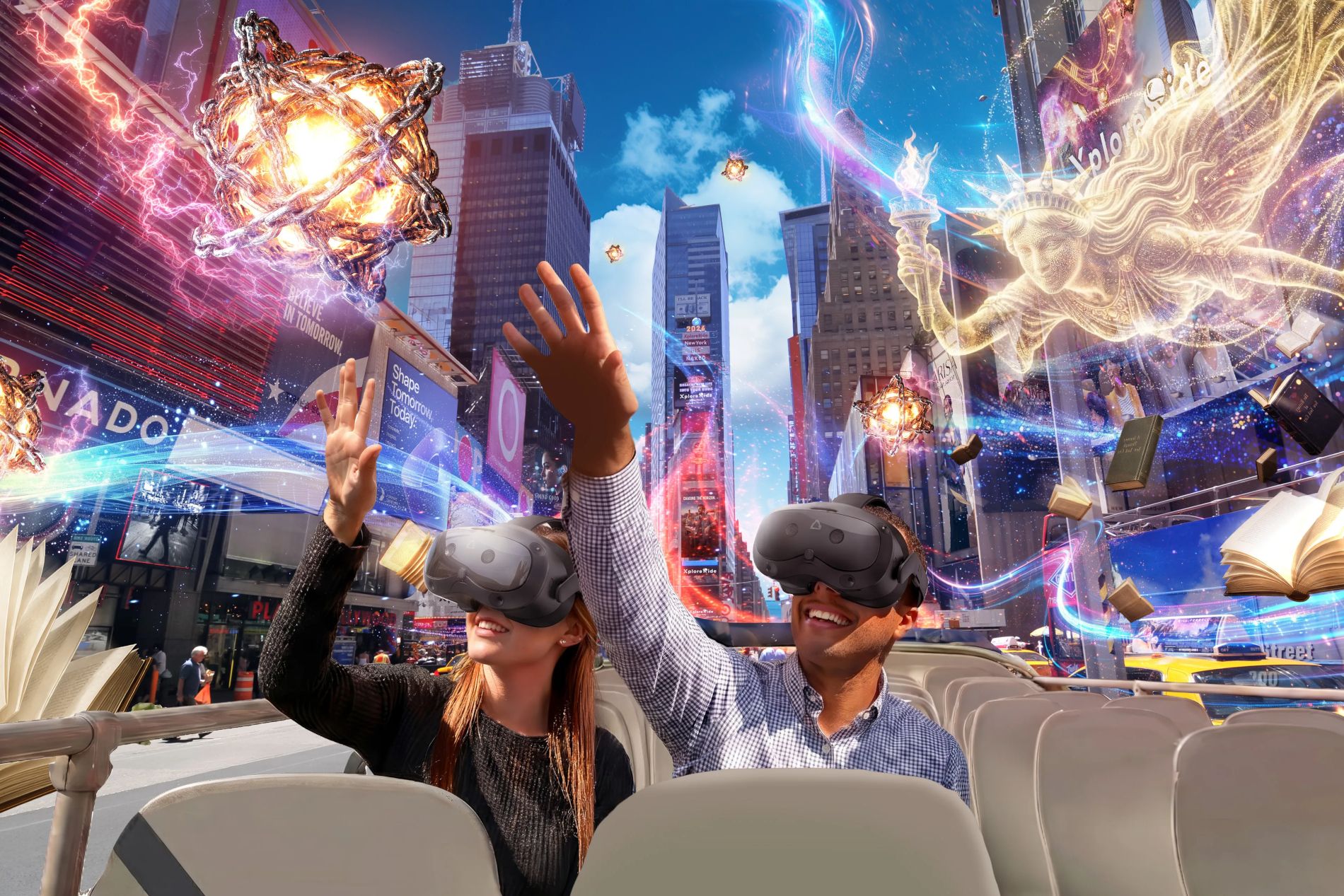 Couple de touristes lors d'une visite en bus immersive à New York