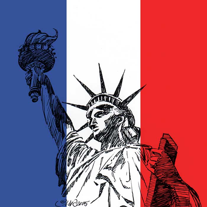 Statue de la Liberté avec drapeau français